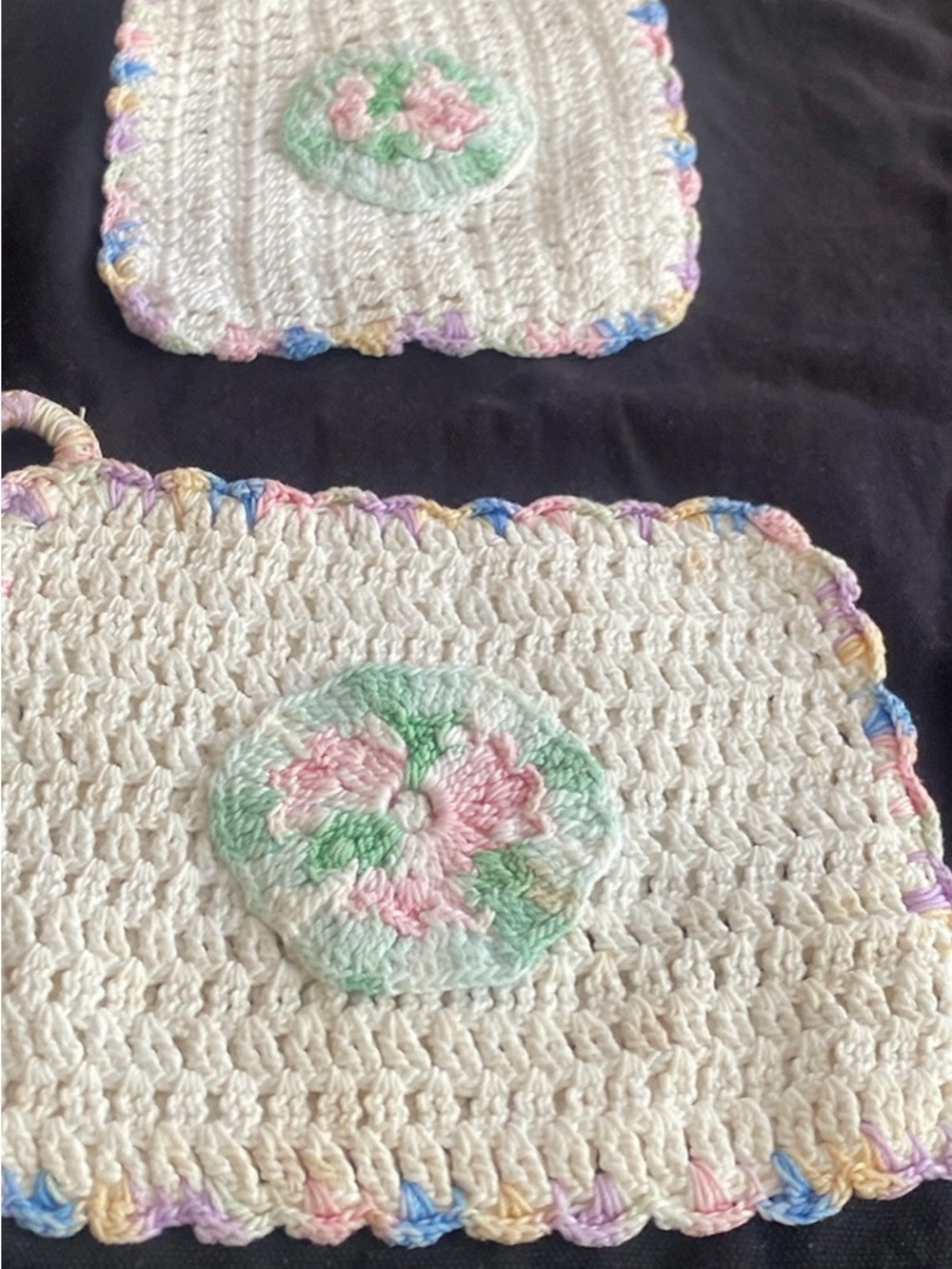 Hand-Crocheted Floral Pot Holders - Cream with Pastel Trim